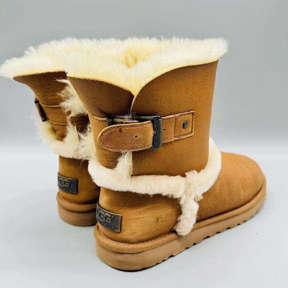 UGG Boots Womens 9 Brown Leather Mid Calf Shearling Buckle Fur Trim Winter Shoes - Picture 7 of 10